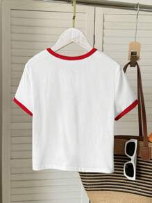 Tween Girls' Casual Fashion Cute Cherry Print Contrast Color Short Sleeve T-Shirt, Spring/Summer