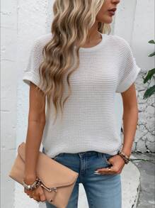SHEIN LUNE Crew Neck Raglan Sleeve Basic Cut Casual Vacation Elegant Women T-Shirt, Textured Stripe And Waffle Knit - White - View 5