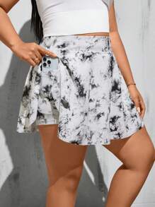 SHEIN Essnce Plus-Size Women's Summer Tie-Dyed Sporty Casual High-Waisted Anti-Exposure Skirt Side Pockets, Women's Culottes, Summer Women's Baseball Culottes - Black and White - View 1