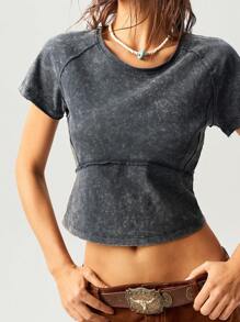 Bohemela Women's Solid Color Knitted Textured Design Round Neck Raglan Sleeve Short Sleeve Regular Fit T-Shirt, Casual