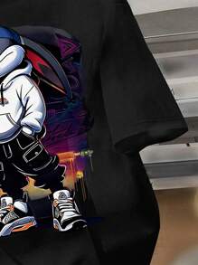 SHEIN Teen Boy Casual Cool Cartoon Rabbit With Cap Print Crew Neck Short Sleeve T-Shirt, Fashion Summer Tee