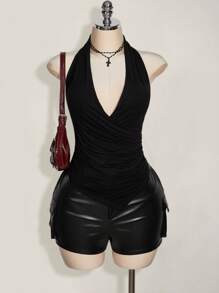 SHEIN ICON Plus Size Wrap Ruched Black Asymmetric Hem Halter Top For Women, Y2K Style, Suitable For Summer, Daily Wear,Club Sexy,Going Out Tops - Black - View 7
