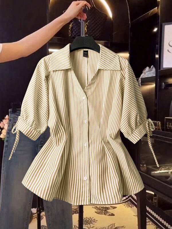 Franclia Elegant Short Sleeve Blouse, Striped Shirt, Fitted Waist Puff Sleeve Top, Suitable For Women
