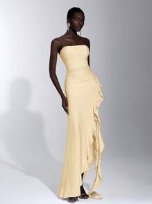 Elitara Elegante, romantico e sexy abito aderente in maglia e raso con scollo alla clavicola, arricciature, balze e spacco alto, adatto per appuntamenti, feste e damigelle