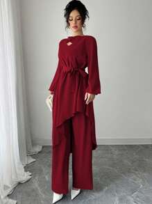 Modelyn 2pcs Set Women Solid Color Tie Front Asymmetrical Hem Top And Pants Fall Cloth For Women - Burgundy - View 7