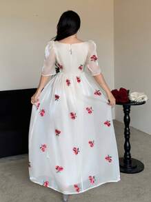 Modelyn Square Neck Embroidered Ditsy Floral Ruched Waist Puff Sleeve Slim Fit Dress For Women, Spring/Summer - Apricot - View 2