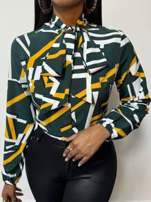 SOLERSUN Geo Print Tie Neck Blouse,Long Sleeve Tops - Multicolor - View 1