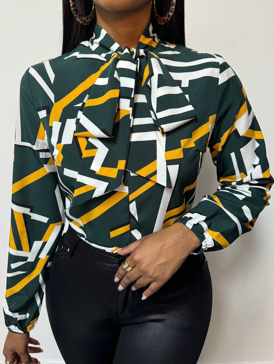 SOLERSUN Geo Print Tie Neck Blouse,Long Sleeve Tops - Multicolor - View 1