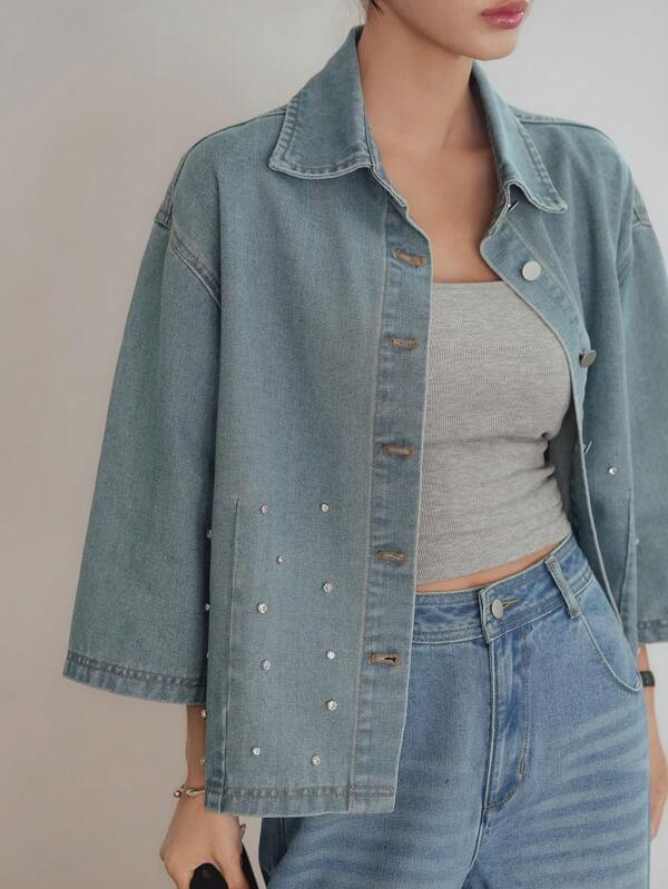 Dazy-Less Women's Loose Fit Classic Vintage Denim Shirt With Rhinestone Decor, Casual Wear, Short Sleeve, Spring, Summer, Autumn,Back To School Clothes,Jeans Jacket,Fall Women Clothes