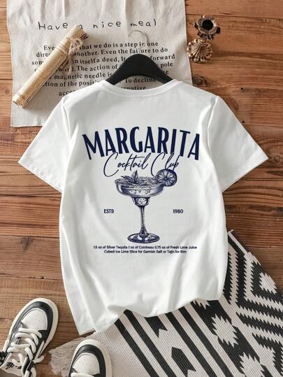 Attitoon Casual Crew Neck Short Sleeve Fitted Women's T-Shirt, Cocktail Print, Suitable For Summer Suitable For Going Out
