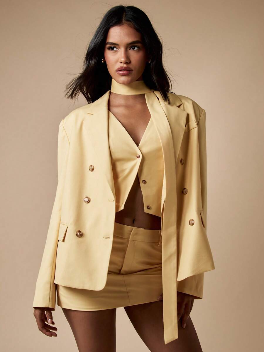 MISSGUIDED Bộ váy ngắn Blazer ba mảnh trang phục công sở chuyên nghiệp kèm cà vạt phù hợp Bộ sưu tập trang phục dự tiệc trang trọng - Màu vàng - Xem 1