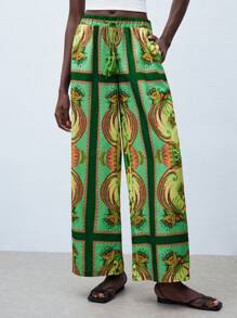 Maija 女式绿色松紧腰抽绳度假风满印花流苏口袋阔腿宽松裤，女式沙滩装，夏季 - 綠色 - 查看 4