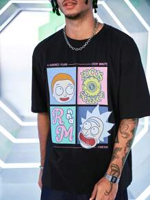 Rick and Morty X SHEIN Men's Summer Casual Funny Cartoon Character & Letter Graphic Dropped Shoulder Loose T-Shirt - Black - View 5