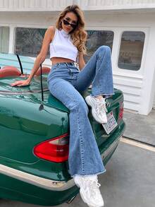 SHEIN PETITE 女士休闲时尚街头风高腰毛边喇叭牛仔裤，适合日常通勤 - 中等水洗藍 - 查看 6