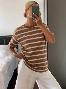 Livesso Women's Casual Sporty Contrast Striped Loose Short Sleeve Crew Neck T-Shirt, Summer
