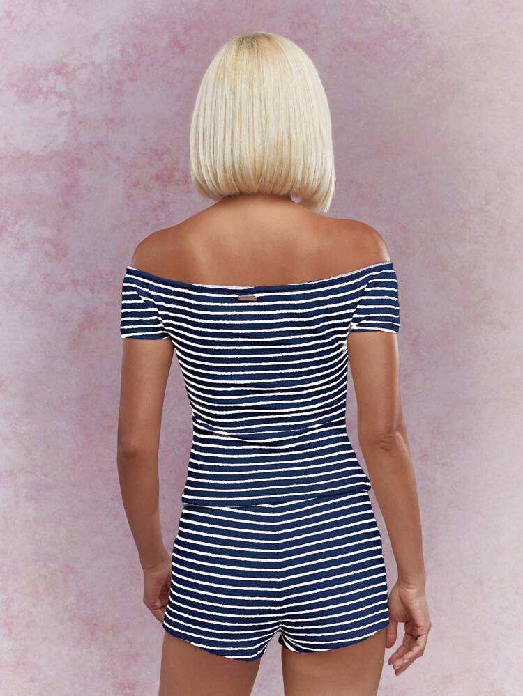 MISSGUIDED Off Shoulder Striped Co-Ord Set Textured Ribbed Two Piece Summer Beach Leisure Outfit Nautical Style Lounge Wear Travel Vacation Casual Coordinates Day Trip