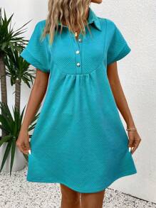 EMERY ROSE Women's Solid Color Half-Zip Collared Button-Up Casual Dress - Blue - View 5