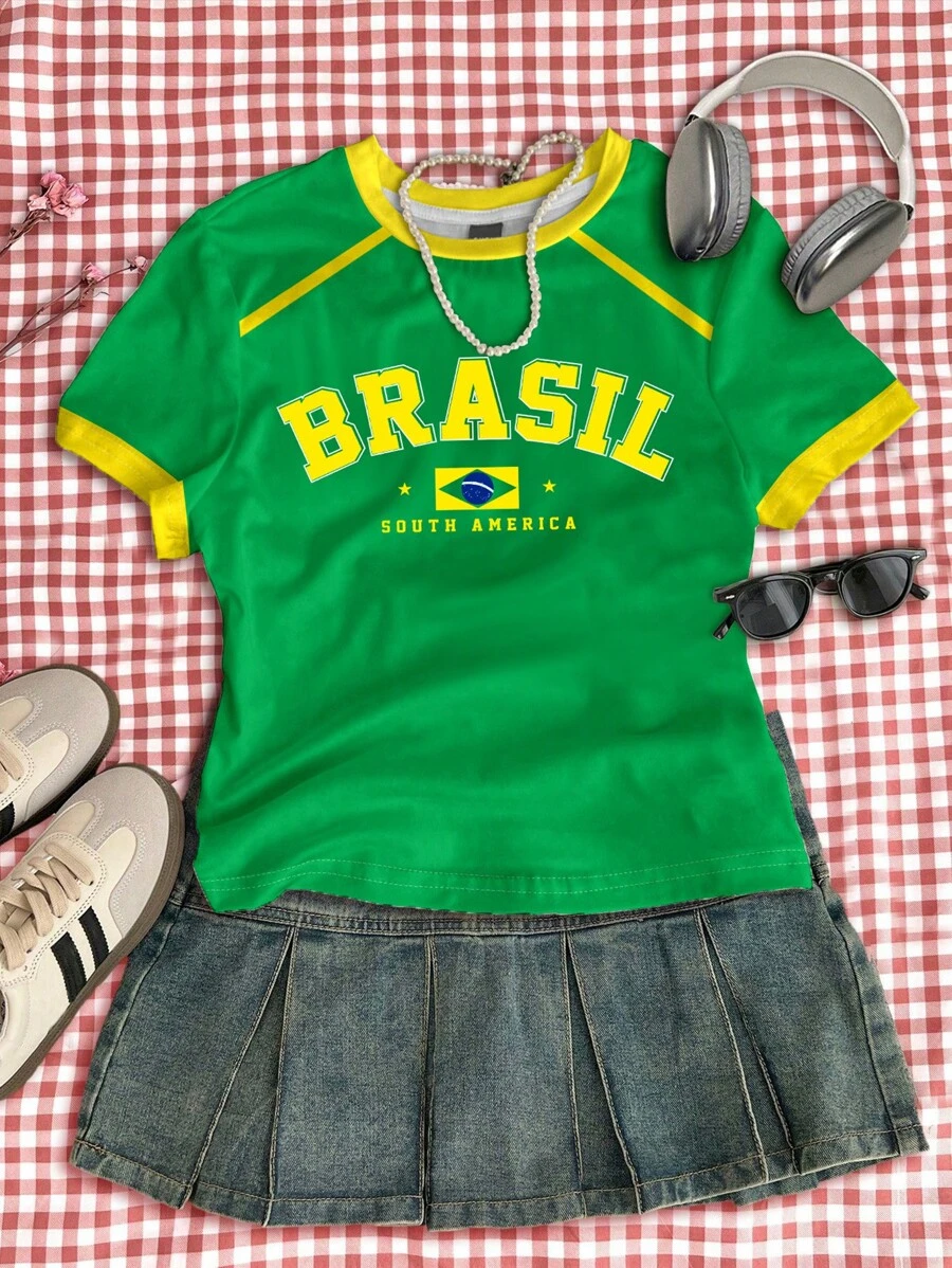 SHEIN Áo bóng rổ phong cách đường phố thiết kế chữ Brazil, áo thun dài tay cổ tròn màu tương phản thoải mái, vừa vặn cho bé gái tuổi teen, phù hợp cho mùa hè - Nhiều màu - Xem 1