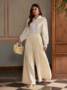 ZEYLAH Solid Color Press Crease Flared Elegant Pants - Apricot - View 5