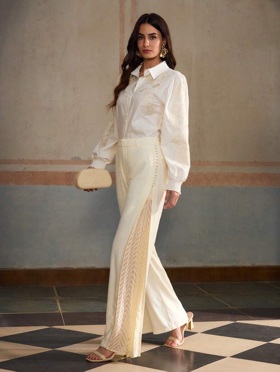 ZEYLAH Summer Vacation Side Cut-Out Pleated Wide Leg Pants