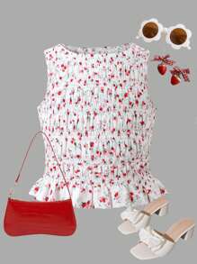 SHEIN Tween Girls' Elegant Fresh Ditsy Floral Sleeveless Ruffle Blouse - Pink - View 4