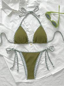 Swim Vcay 女士夏季沙滩两件套比基尼套装，纯色提花面料，流苏和肩部系带细节 - 綠色 - 查看 3