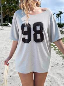 SHEIN Essnce 休闲简约 98 花卉印花加大码女式灰色短袖落肩 T 恤，适合夏季 - 淺灰色 - 查看 1