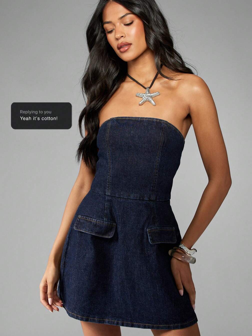 missguided denim mini dress MISSGUIDED Denim Halter Neck Mini Dress With Front Keyhole Cut Out Tie  DetailMISSGUIDED