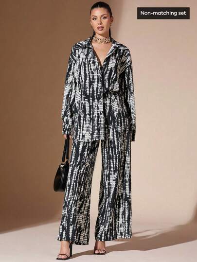 SHEIN BAE Tie-Dye Pattern Wide Leg Casual Pants For Women, Elastic Waist, Loose, Elegant