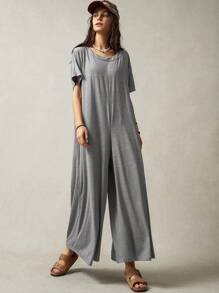 Bohemela Women's Solid Color Casual Wide Leg Jumpsuit - Light Grey - View 4