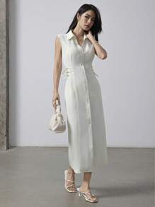 Heiryn Women's Elegant Button Front Sleeveless Waist Cinched Mid-Length Dress, Summer - Apricot - View 7