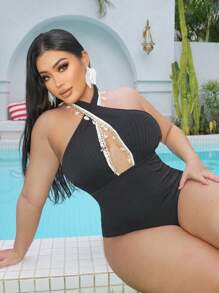 Swim SXY 大码女式纯色荷叶边交叉带性感度假连体泳衣 - 黑色 - 查看 1