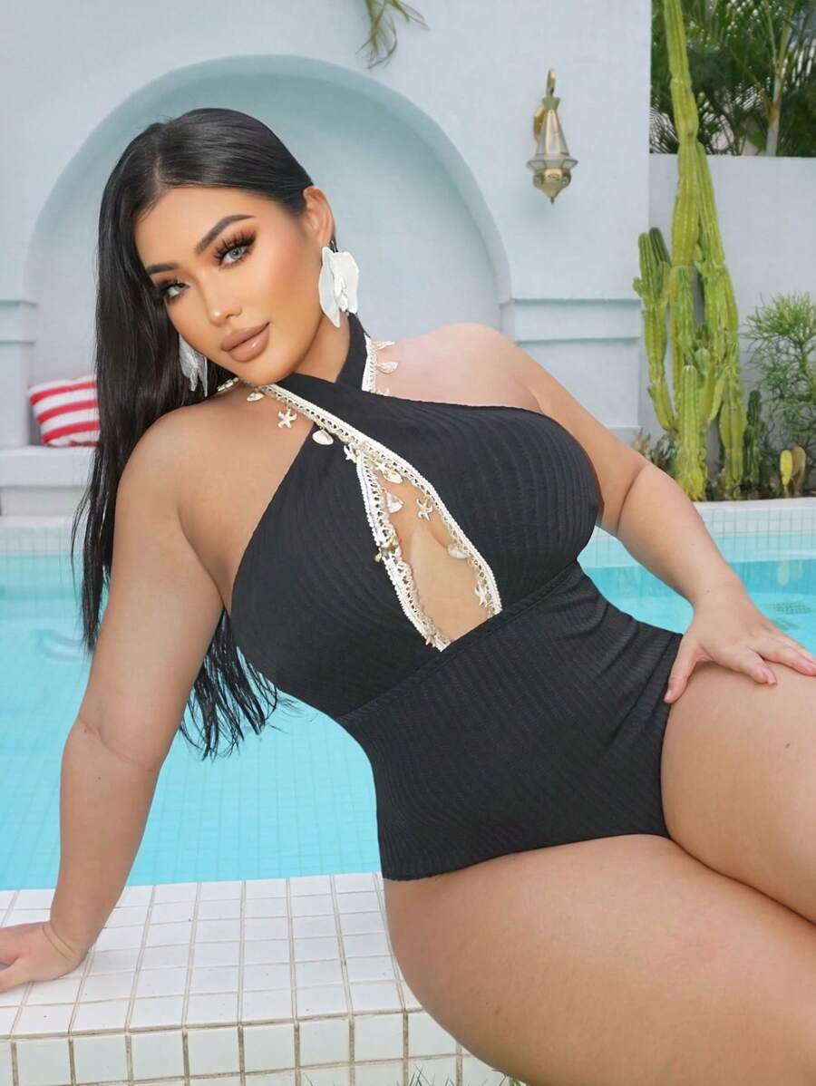 Swim SXY 大码女式纯色荷叶边交叉带性感度假连体泳衣 - 黑色 - 查看 1
