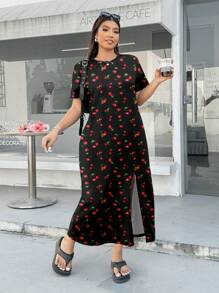 SHEIN EZwear Casual Minimalist Cherry Print Short Sleeve Stretch Loose Open-Slit Plus Size Dress,Summer Dresses For Women Cherry Outfit Women Cherry Dress Plus Size Chic Dress - Multicolor - View 4