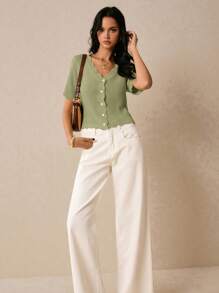 Poéselle 女式休闲纯色V领短袖针织上衣 - 薄荷綠 - 查看 2