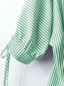 SHEIN LUNE 1pc Elegant Short Sleeve Striped Blouse, Slim Waist Puff Sleeve Top, Suitable For Women - Green - View 5