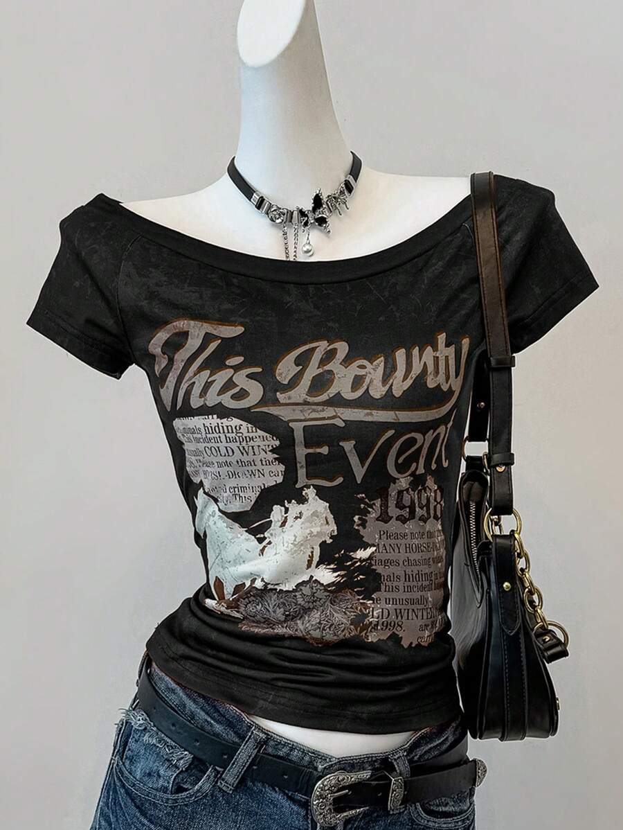 SHEIN EZwear 夏季音乐会女款西部图案音乐节图案黑色短款上衣 - 黑色 - 查看 1