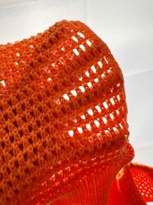 Slaydiva 2pcs/Set 2025 Spring/Summer New Halter Tied Backless Knit Top And Ruffled Hem Knit Mini Shorts Set, Women Casual Vacation Matching Outfit - Orange - View 7