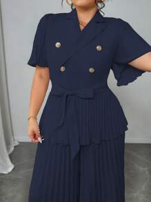 Elenzga Plus Size Women French Elegant Minimalist Summer Pleated Short Sleeve Loose Two Pieces Set - Navy Blue - View 3