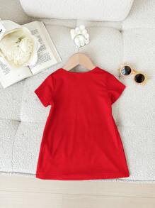 Babygirl 可爱红色卡通图案短袖连衣裙，春夏 - 紅色 - 查看 2