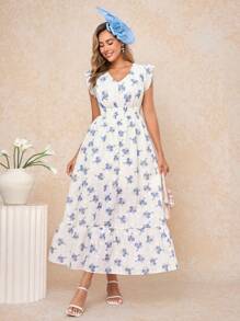 Gownix Elegant Women's White And Blue Floral Textured Print Dress,Summer Garden Party Outfits,Island Vacation Honeymoon Fairycore Boho Style Summer Outfits - Blue - View 7
