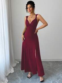 Chiquease Vestido maxi de tirantes con escote en V profundo y abertura alta en un solo color, sexy para mujer - Burdeos - Ver 7