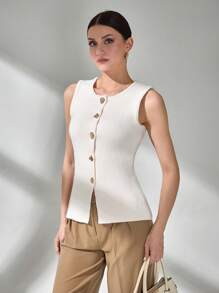 CLARA VERO Women Button Front Gold Button Knit Vest - Cream - View 3