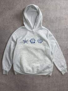 Attitoon 2pcs Summer Casual & Loose Short Sweatshirt Set With Starfish & Hibiscus Print Pattern, Hooded Pullover, Suitable For Sports, Vacation & Seaside Autumn And Winter - Grey - View 4