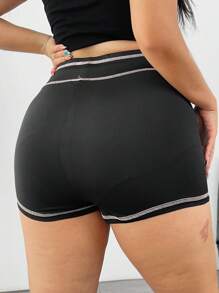 POPSWAY Plus Size Women Comfortable Casual Contrast Color Elastic Biker Shorts, Suitable For Summer - Black - View 2