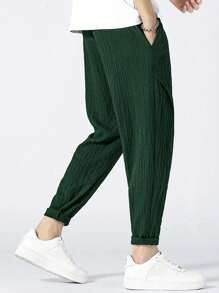 Manfinity Homme Loose Men Letter Patched Detail Textured Tapered Pants, Fall - Dark Green - View 4