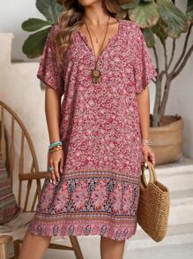 Rusticease Plus Size Women's Country Style Casual Vacation Floral Print Short Sleeve Dress,Gifts For Mother,Summer Holiday,Vacation Outfits Women,Simple And Fashionable For Everyday Wear,Vacay Vibes,Springbreak,Casual Wear SS,Bohemia,Summer Dresses For Women
