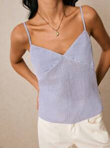 Poéselle Women's Blue And White Stripe Camisole Top,Parisian Chic Striped Suspenders Summer,City Break Vacation Old Money Style Casual Fashionable Top - Blue - View 5