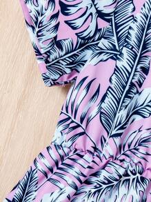 Young Girl' Simple Elegant Purple Leaf Print Pattern Long Short Sleeve Comfortable Dress - Multicolor - View 6