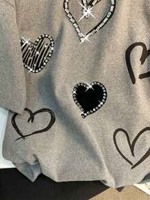 INAWLY Camiseta de cuello redondo con estampado de corazón y rhinestones, de moda para el verano - Multicolor - Ver 3